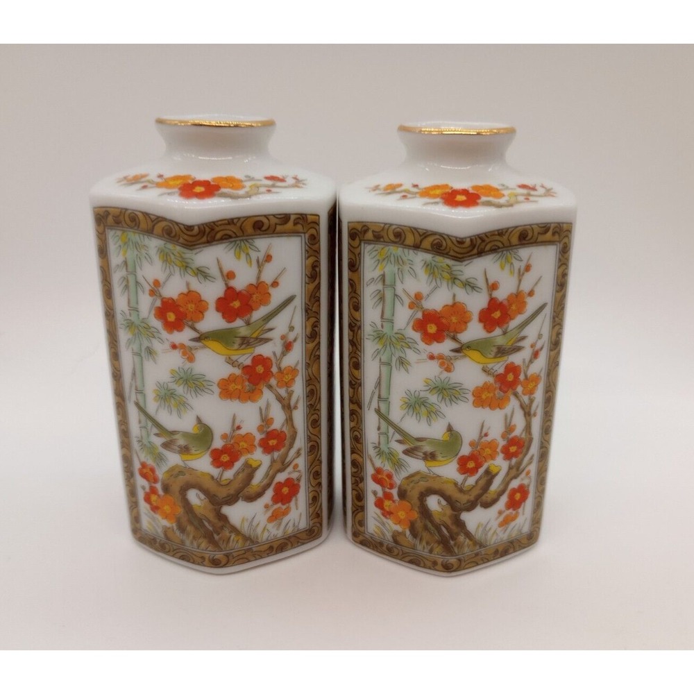 Vintage Japanese Porcelain Hexagon Bud Vases Pair Bird Blossom Motif Gold Rim